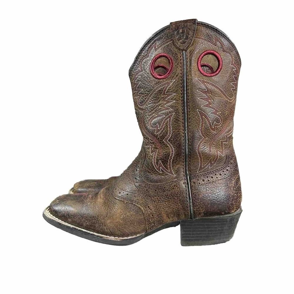 Ariat Brown Kids Western Cowboy Boots with Red Pull Holes